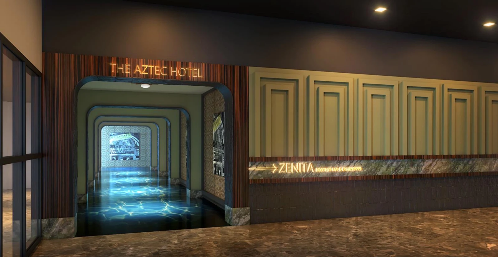 Design preview of the Aztec Hotel entrance at River Walk level